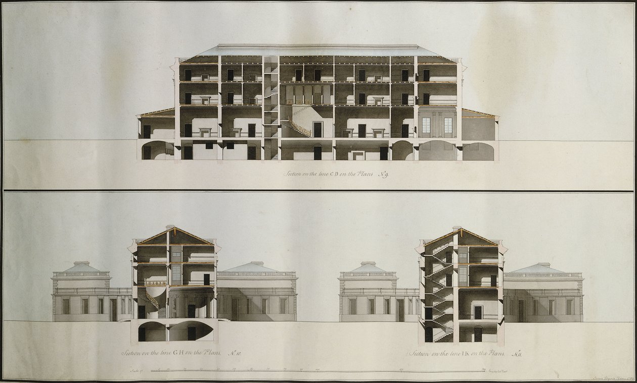 Dessins pour une maison néoclassique pour Lord Charleville : Trois sections - James Byres