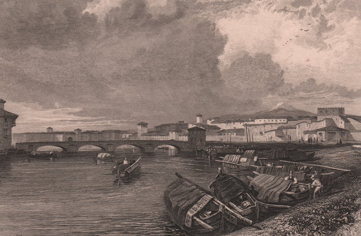 Vue du fleuve Arno à Pise, Toscane, Italie, gravure sur acier par Thomas Higham d