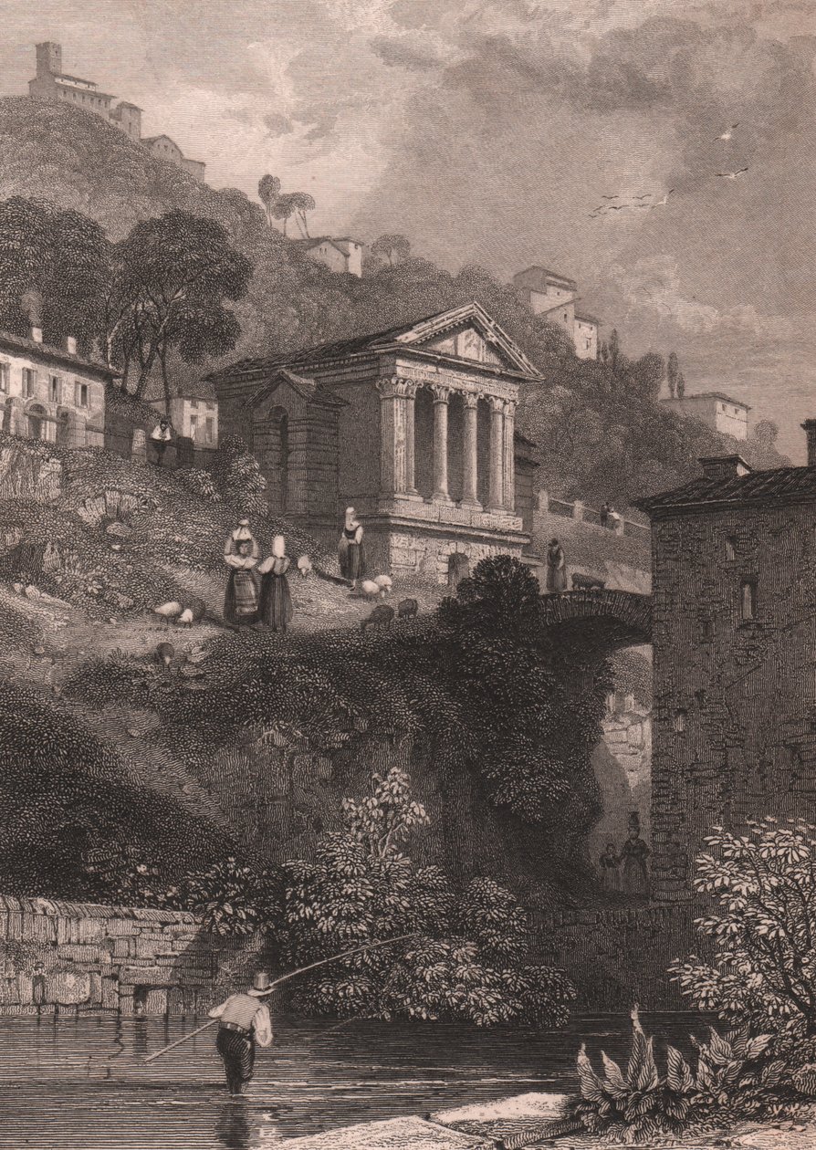 Vue du Temple de Clitumnus le long de la rivière Clitunno près de Campello sul Clitunno, Ombrie, Italie, gravure sur acier par Jordan d