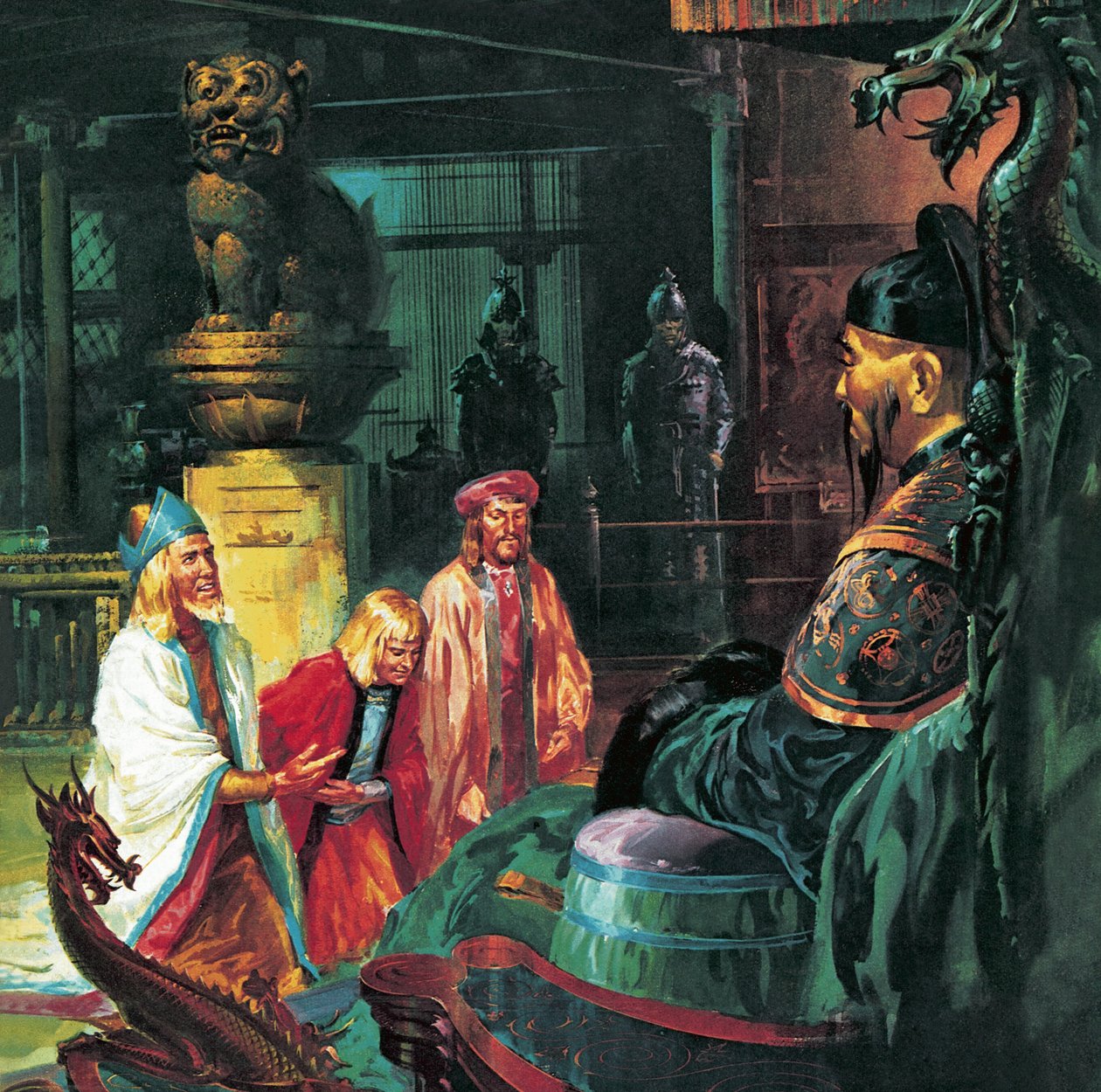 Marco Polo devant Kublai Khan, 20e siècle (lithographie) - James Edwin McConnell