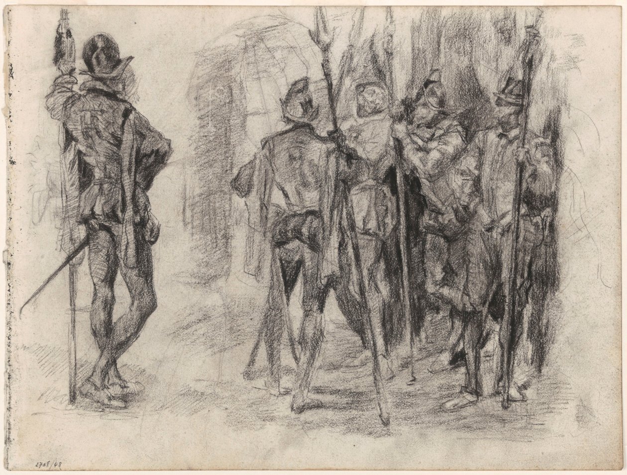 Esquisses de personnages et de cinq soldats espagnols avec des lances - James Ensor