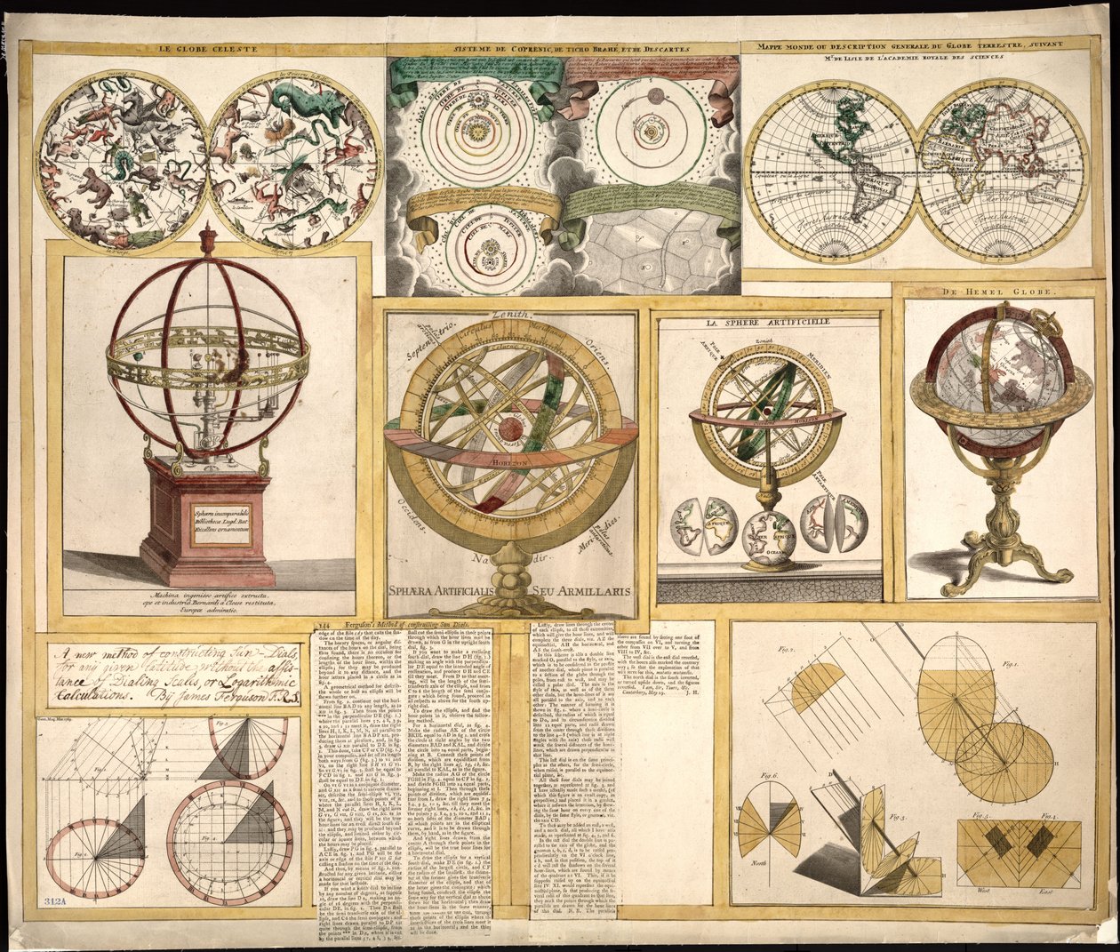 Collection de neuf images comprenant des instruments astronomiques, des cartes célestes et une carte du monde. LOC 2013593153 - James Ferguson