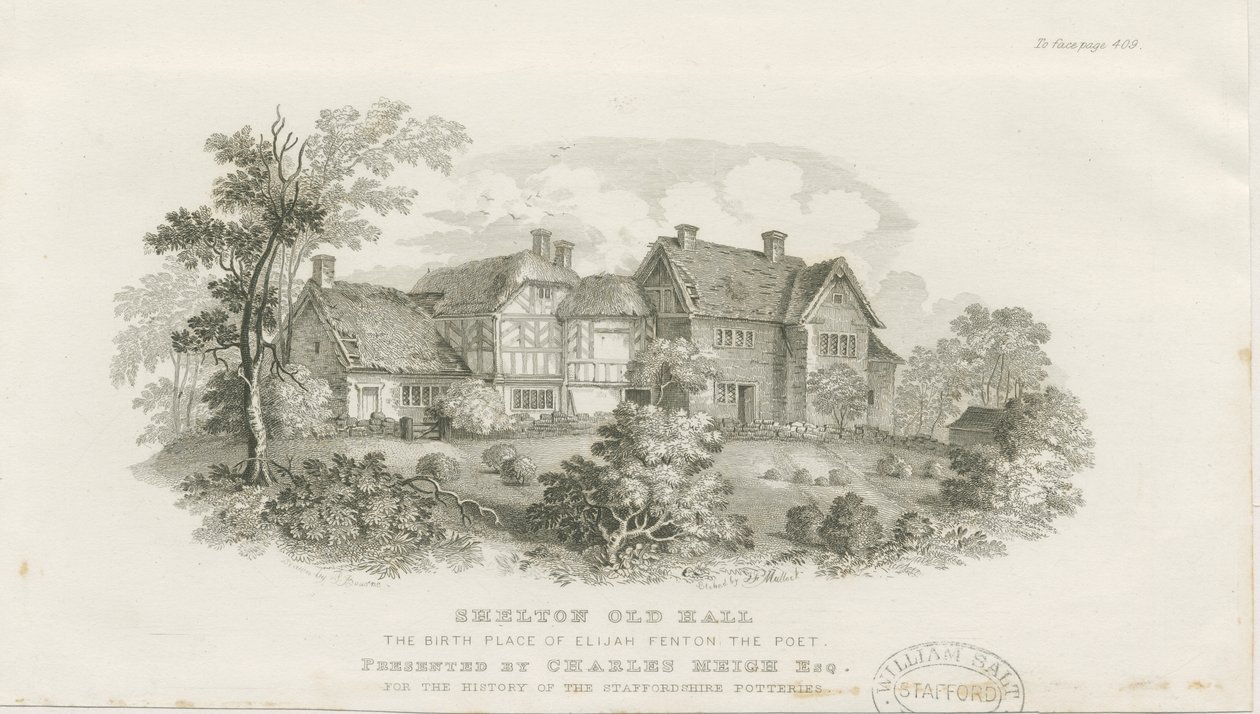 Shelton Old Hall : gravure sur acier (vignettée), nd [c 1843] - James Flewitt Mullock