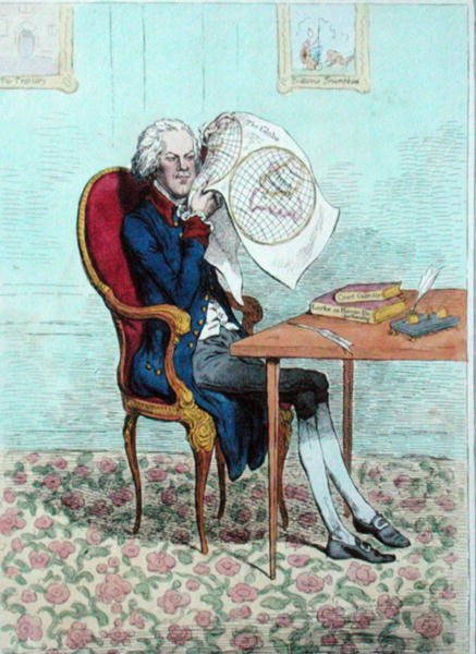 Un politicien clairvoyant découvrant les conquêtes britanniques, publié par Hannah Humphrey en 1795 - James Gillray