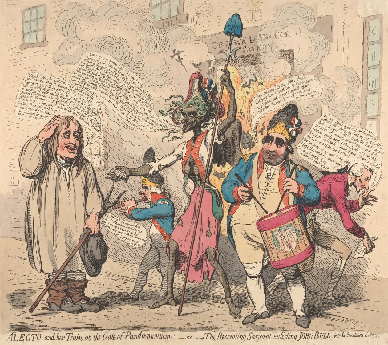 Alecto et sa suite, à la porte du Pandémonium - ou - Le sergent recruteur enrôlant John Bull au service de la Révolution - James Gillray
