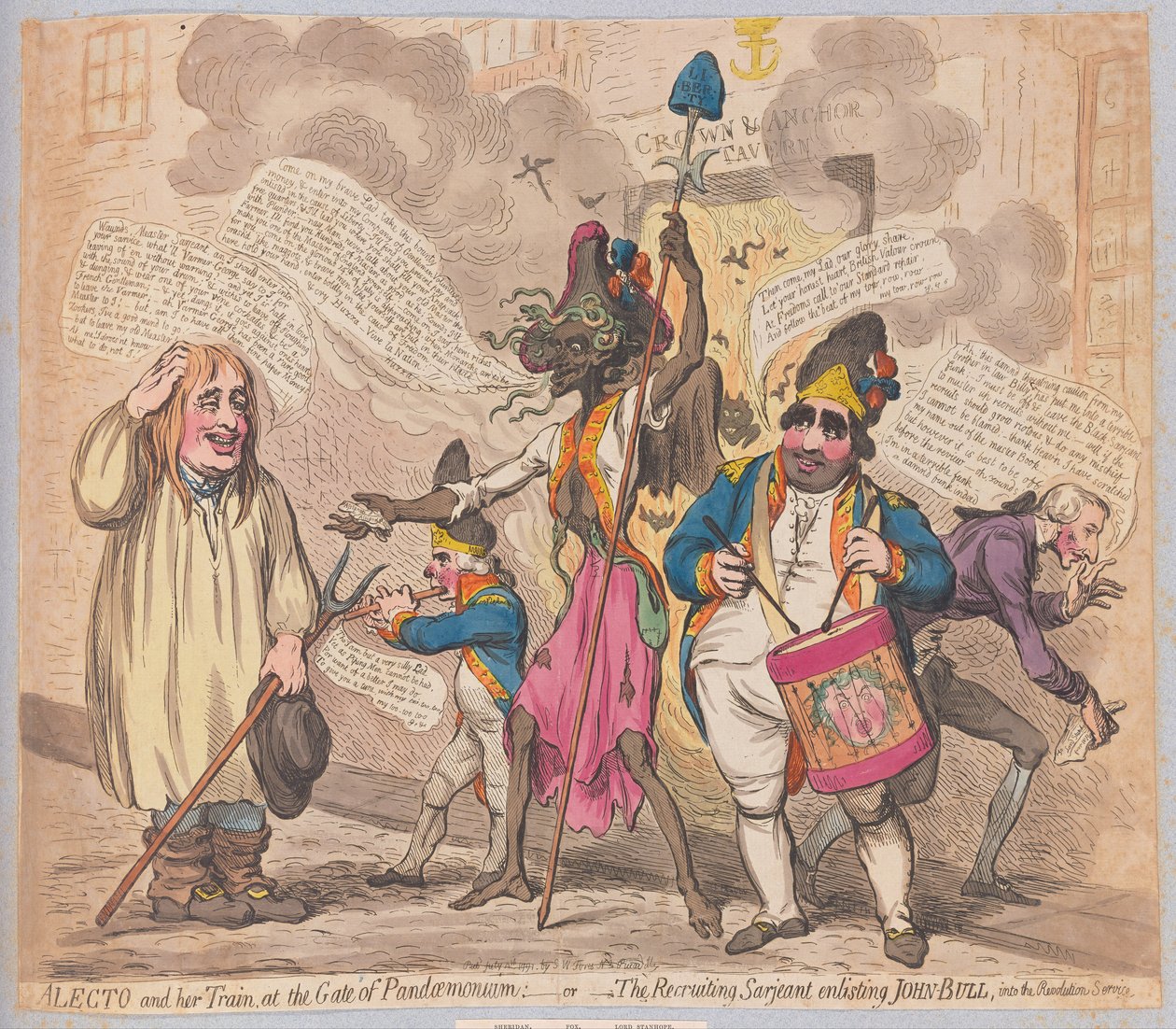 Alecto et son train à la porte de Pandæmonium ou le sergent recruteur enrôlant John Bull dans le service de la révolution - James Gillray