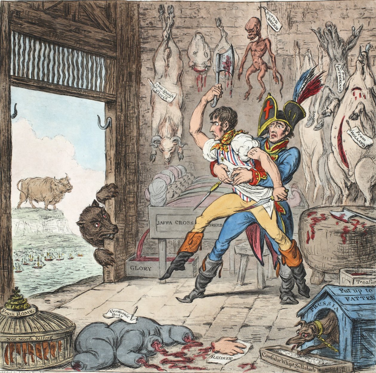 Boney et Talley, Le jour du jugement des bouchers corses - Jour sans quartier!, pb. 1803 (gravure en couleur) - James Gillray