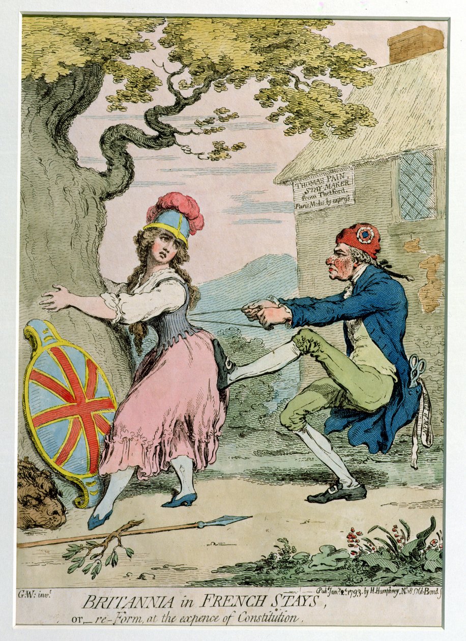Britannia en corset français, ou réforme au détriment de la constitution, publié par Hannah Humphrey en 1793 (gravure à la main) - James Gillray