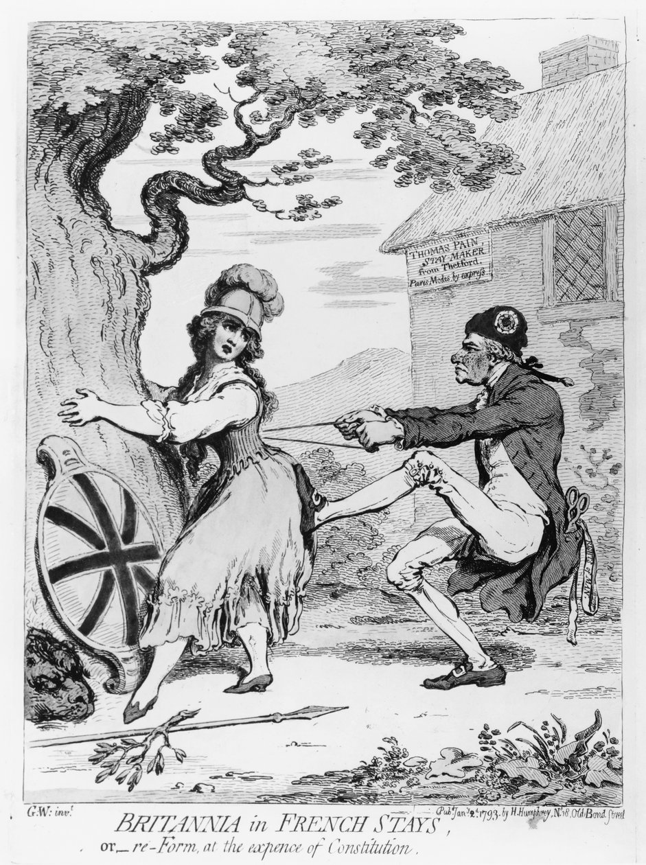 Britannia en corset français, ou Réforme au détriment de la Constitution, publié par Hannah Humphrey en 1793 - James Gillray