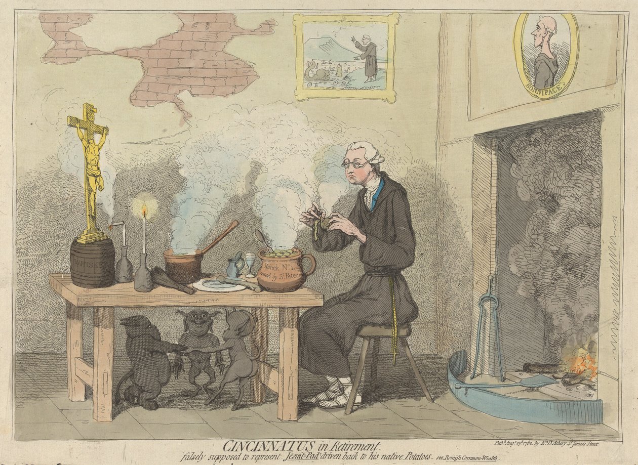 Cincinnatus à la retraite, faussement supposé représenter le Jésuite-Pad repoussé vers ses pommes de terre natales. (de : Caricature, vol. 2) - James Gillray
