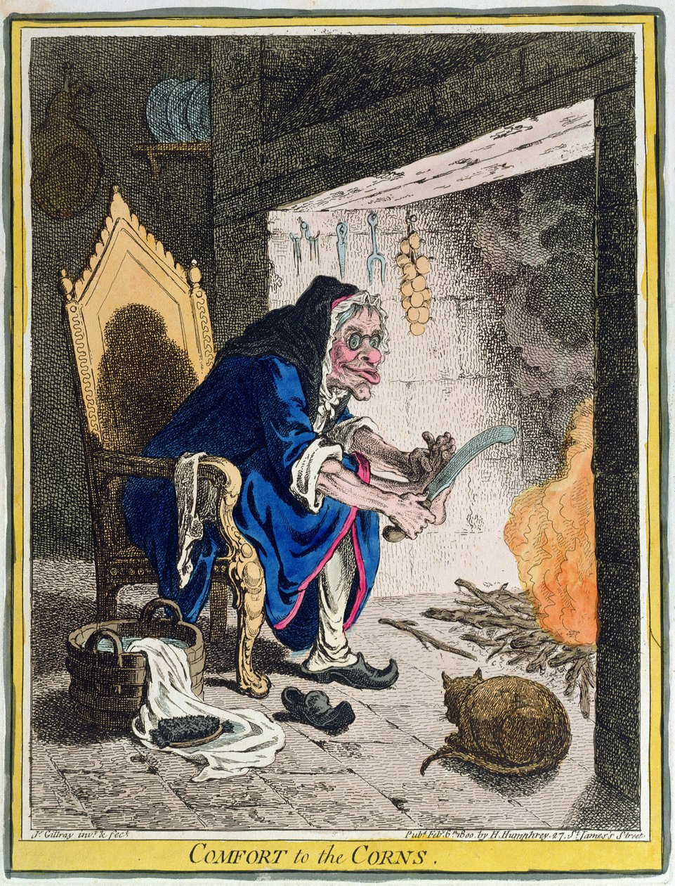Confort pour les cors, publié par Hannah Humphrey en 1800 (eau-forte coloriée à la main) - James Gillray
