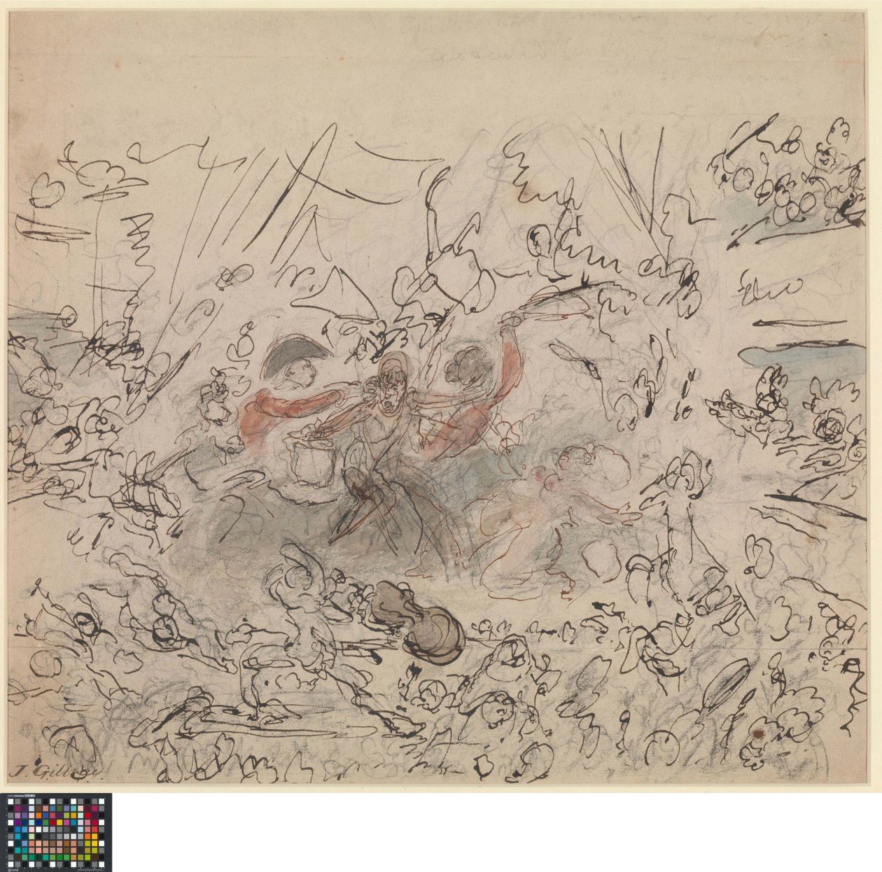 Néerlandais : Le spectacle du monde : les guerres napoléoniennes (recto).  Liste de sujets "dignes du talent des artistes britanniques" (verso) - James Gillray