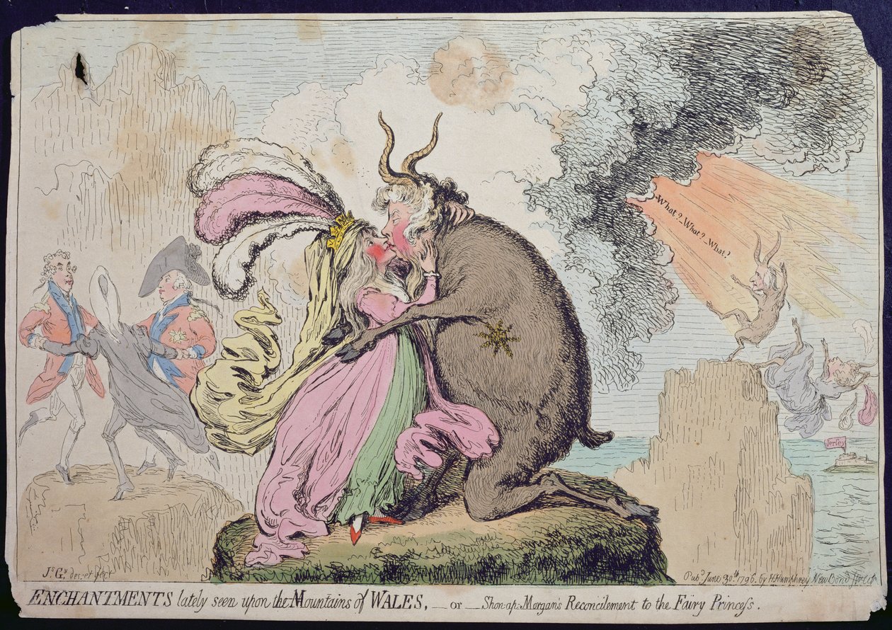 Enchantements récemment vus sur la montagne du Pays de Galles, ou la réconciliation de Shon-ap-Morgan avec la princesse des fées, publié par Hannah Humphrey en 1796 - James Gillray