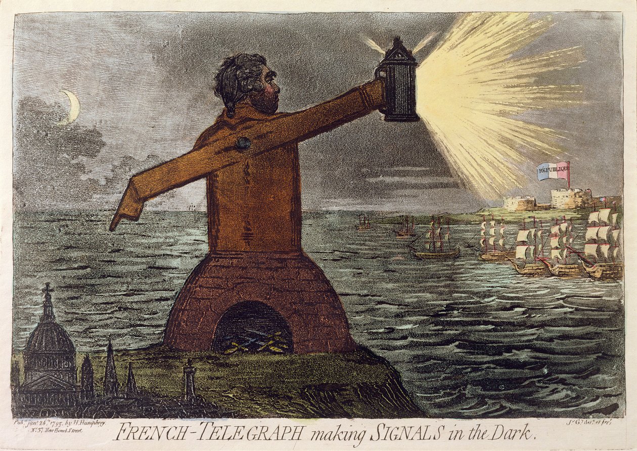 Télégraphe français faisant des signaux dans le noir, publié par Hannah Humphrey en 1795 - James Gillray