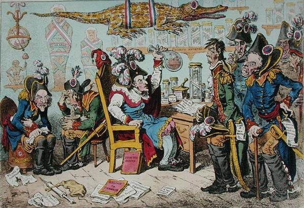 Généraux français se retirant pour des raisons de santé avec Lepaux présidant au dispensaire directeur - James Gillray