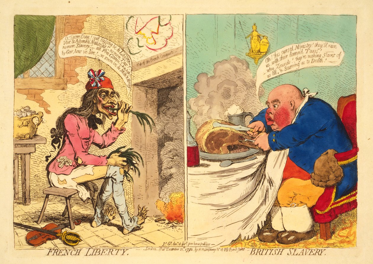 Liberté française - Esclavage britannique, pub. 1892 (gravure coloriée à la main) - James Gillray