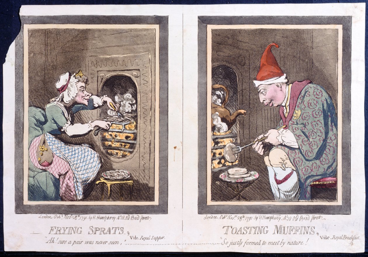 Friture de sprats, ou souper royal, et grillage de muffins, ou petit-déjeuner royal, publié par Hannah Humphrey en 1791 (eau-forte coloriée à la main) - James Gillray