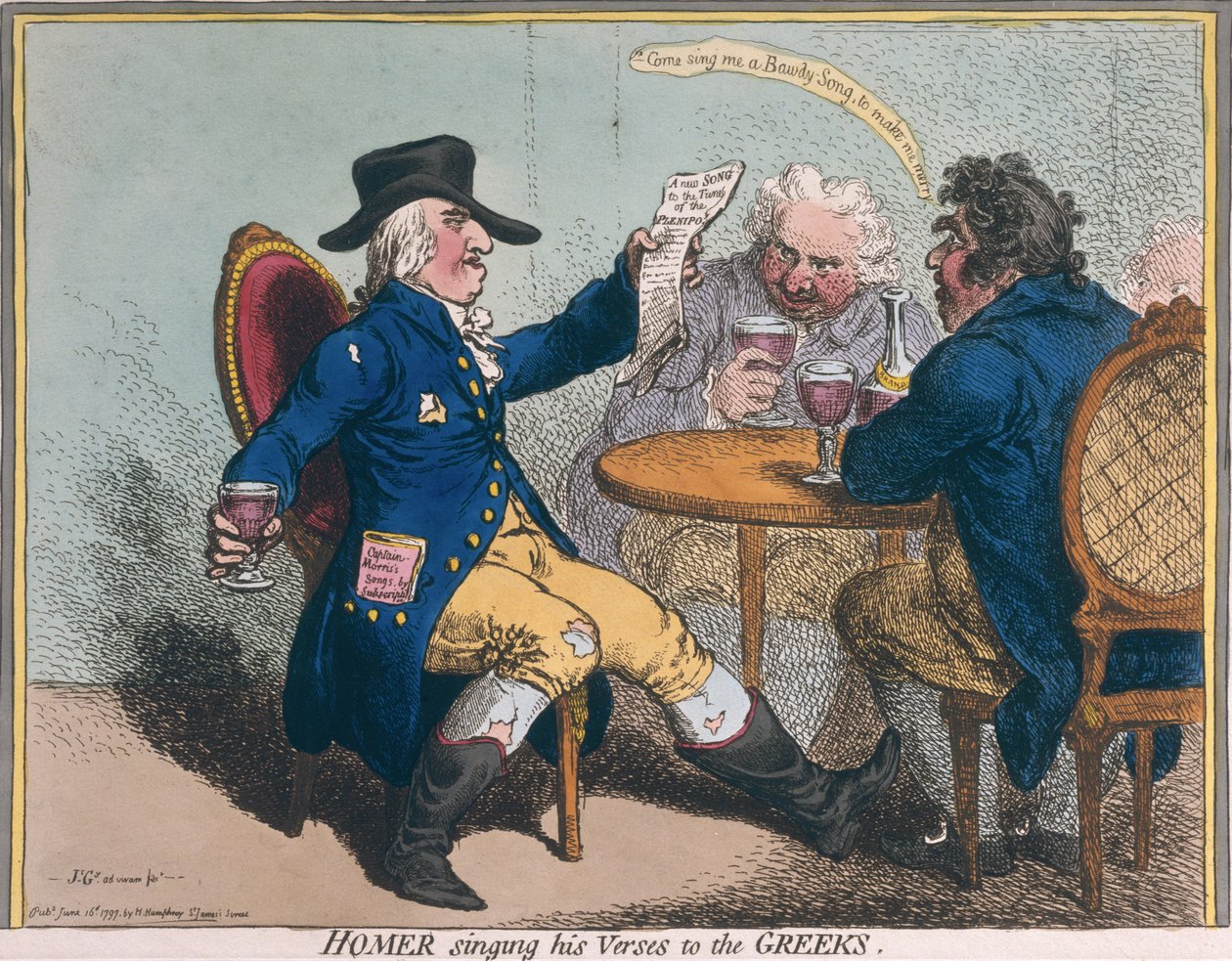 Homère chantant ses vers aux Grecs, publié par Hannah Humphrey en 1797 - James Gillray