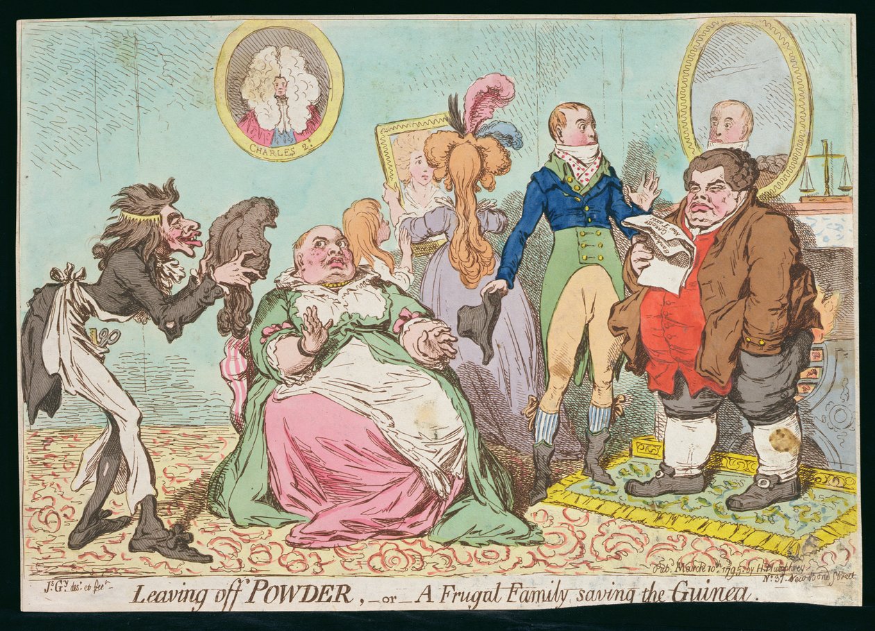 Abandonner la poudre, ou Une famille frugale économisant la guinée, publié par Hannah Humphrey en 1795 - James Gillray