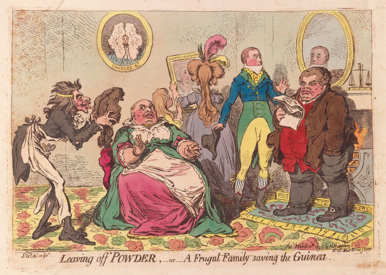 Abandonner la poudre, ou une famille frugale économisant la guinée, publié en 1795 - James Gillray