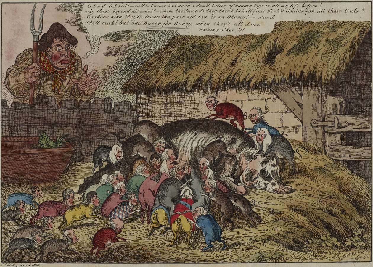 Plus de cochons que de tétines, ou la nouvelle portée de grognons affamés, suçant la vieille truie de John Bull à mort, 9 mai - James Gillray