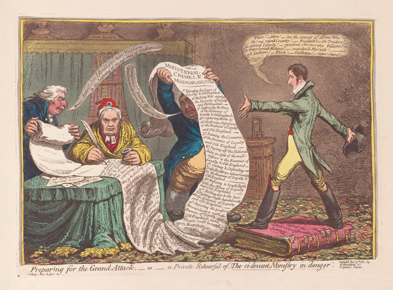 Préparation pour la grande attaque, ou une répétition privée du ministère ci-devant en danger, pub. 1801 - James Gillray