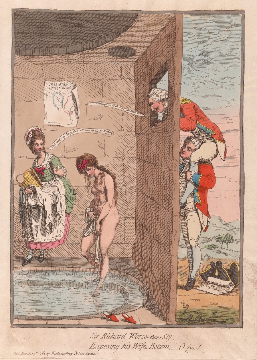 Sir Richard Pire-que-Sly, exposant le derrière de sa femme - Oh la honte!, publié en 1782 - James Gillray