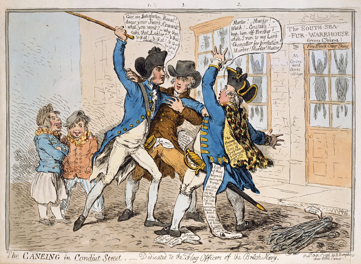 La bastonnade dans Conduit Street, publié par Hannah Humphrey, 1796 (eau-forte coloriée à la main) - James Gillray
