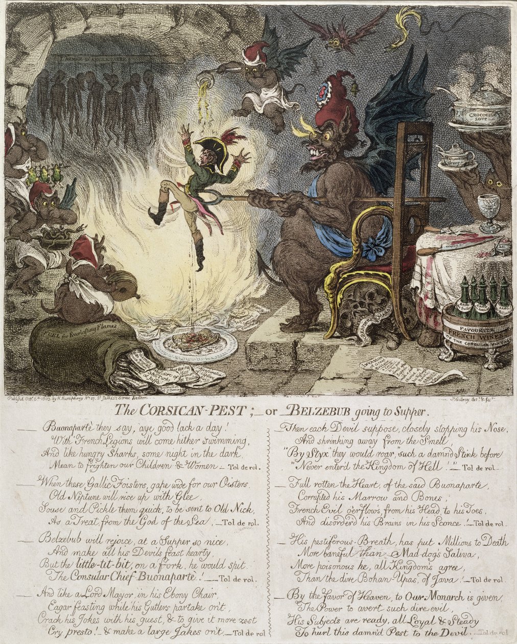 The Corsican Pest, or Belzebub Going to Supper, publié par Hannah Humphrey en 1803 (eau-forte colorée à la main) - James Gillray