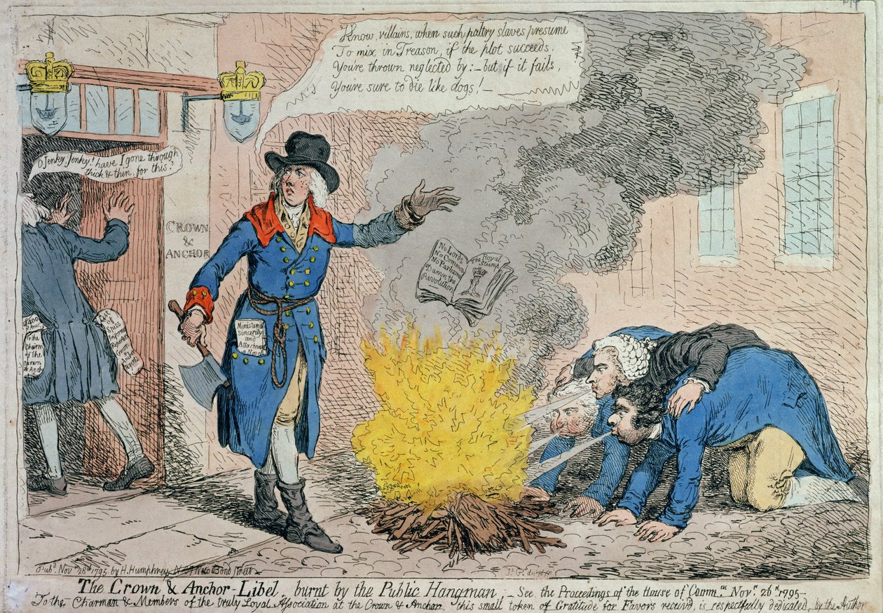 Le libelle de Crown und Anchor brûlé par le bourreau public, publié par Hannah Humphrey en 1795 - James Gillray