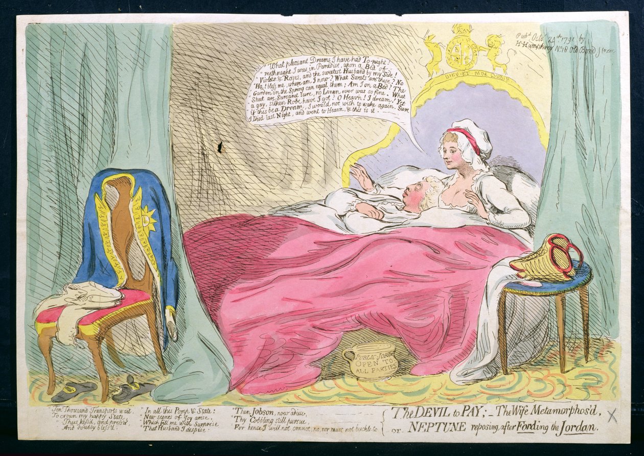 Le Diable à payer : La femme métamorphosée, ou Neptune se reposant après avoir traversé le Jourdain, publié par Hannah Humphrey en 1791 - James Gillray