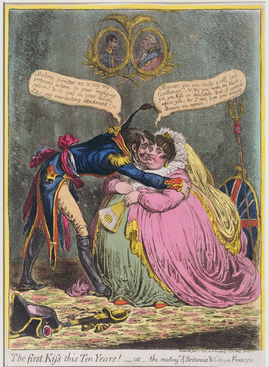 Le premier baiser en dix ans ! ou La rencontre de Britannia et du citoyen François, publié par Hannah Humphrey en 1803 - James Gillray