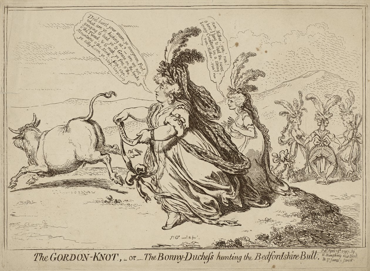 Le nœud Gordon ou La duchesse chassant le taureau du Bedfordshire, publié le 29 avril 1797 - James Gillray