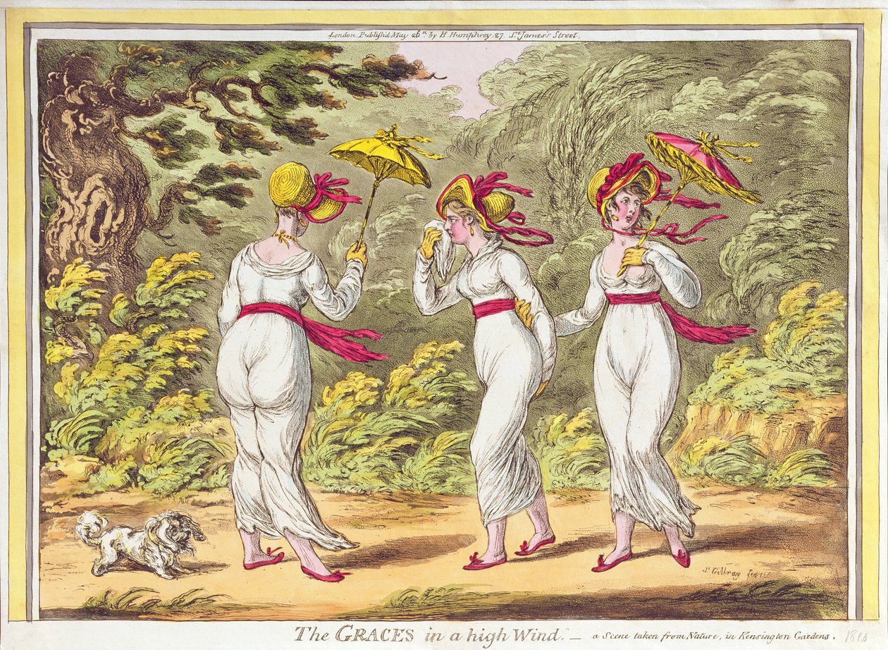 Les Grâces dans un vent fort, une scène prise de la nature dans les jardins de Kensington, pub. par Hannah Humphrey, 1810 - James Gillray