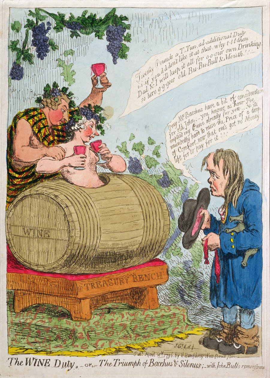 Le droit sur le vin, ou Le triomphe de Bacchus et Silène avec la remontrance de John Bull, publié par Hannah Humphrey en 1796 - James Gillray