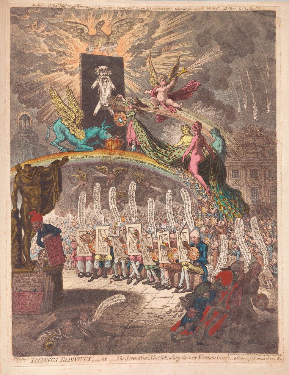 Titianus Redivivus ou les sept sages consultant le nouvel oracle vénitien, une scène dans Academic Grove No.1, pub. 1797 - James Gillray