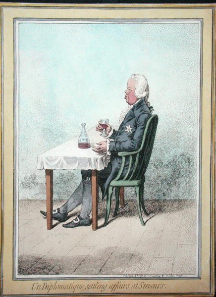 Un diplomate réglant les affaires chez Stevens, publié par Hannah Humphrey en 1797 - James Gillray