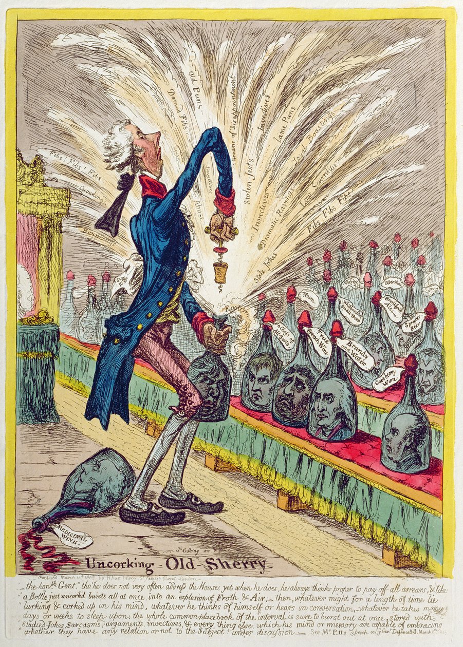 Débouchage du vieux Sherry, publié par Hannah Humphrey en 1805 - James Gillray
