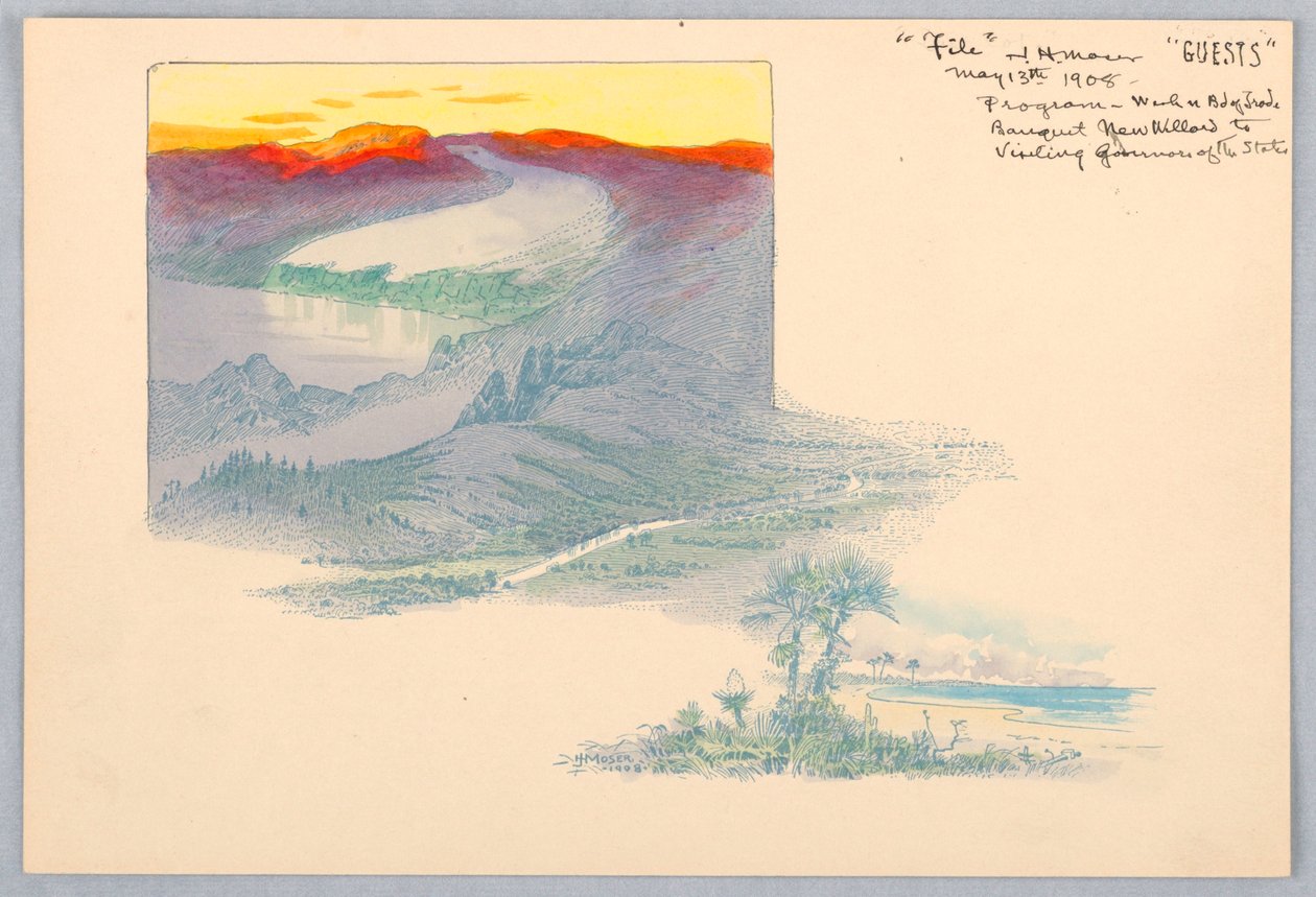 Trois paysages, épreuve imprimée pour la conception du dîner du Washington Board of Trade, 13 mai 1908 - James Henry Moser
