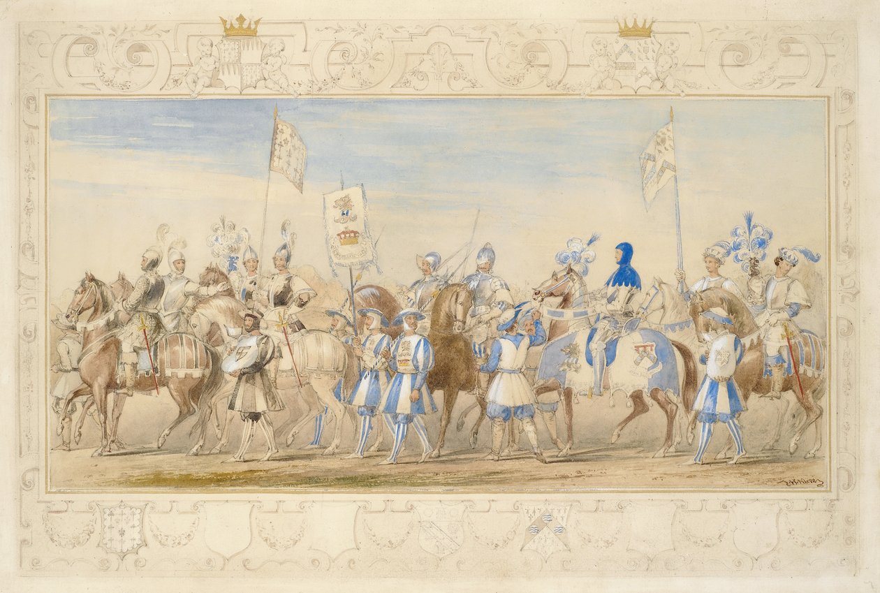 Suite du cortège du marquis de Waterford, chevalier du Dragon et vicomte Alford, chevalier du Lion Noir, 1839 (crayon, aquarelle, gouache et peinture dorée sur papier) - James Henry Nixon