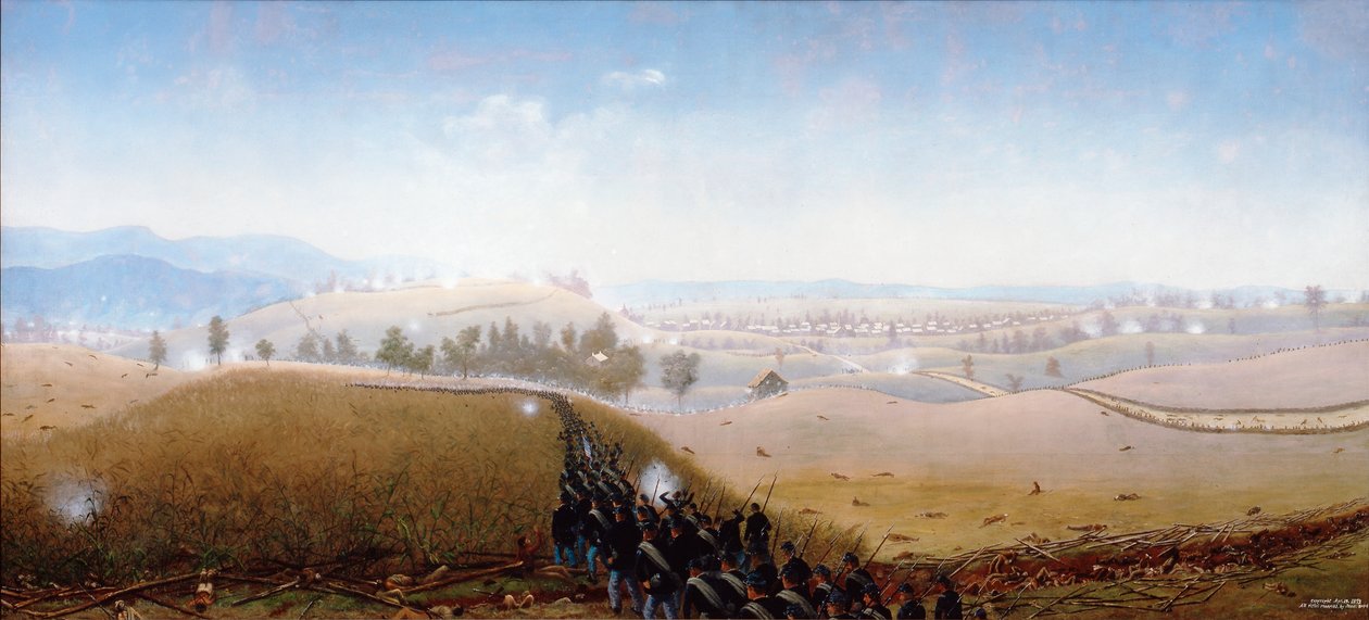 Le 7e Maine avançant sur des corps de Confédérés dans la "Sunken Road" (huile sur toile) - James Hope