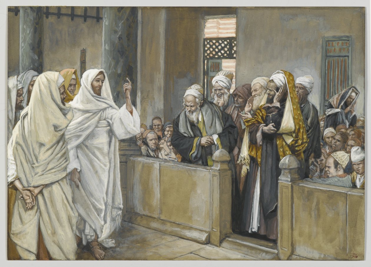 Les principaux prêtres demandent à Jésus par quel droit il agit ainsi, illustration de La Vie de Notre Seigneur Jésus-Christ, 1886-94 - James Jacques Joseph Tissot