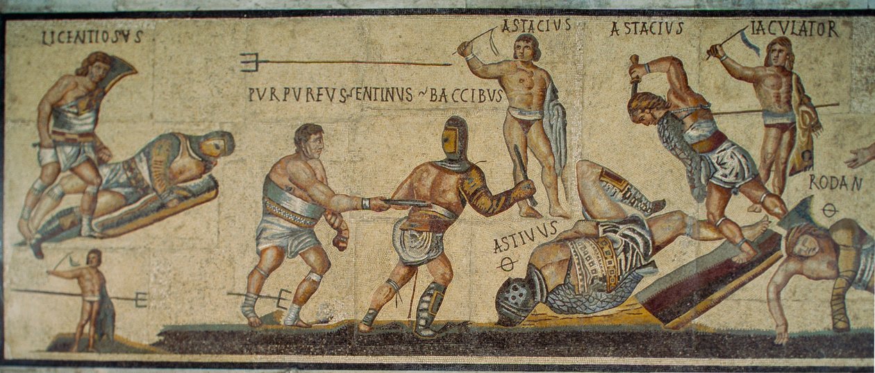 Mosaïque romaine montrant des gladiateurs se battant avec diverses armes. Galleria Borghese - James L Stanfield