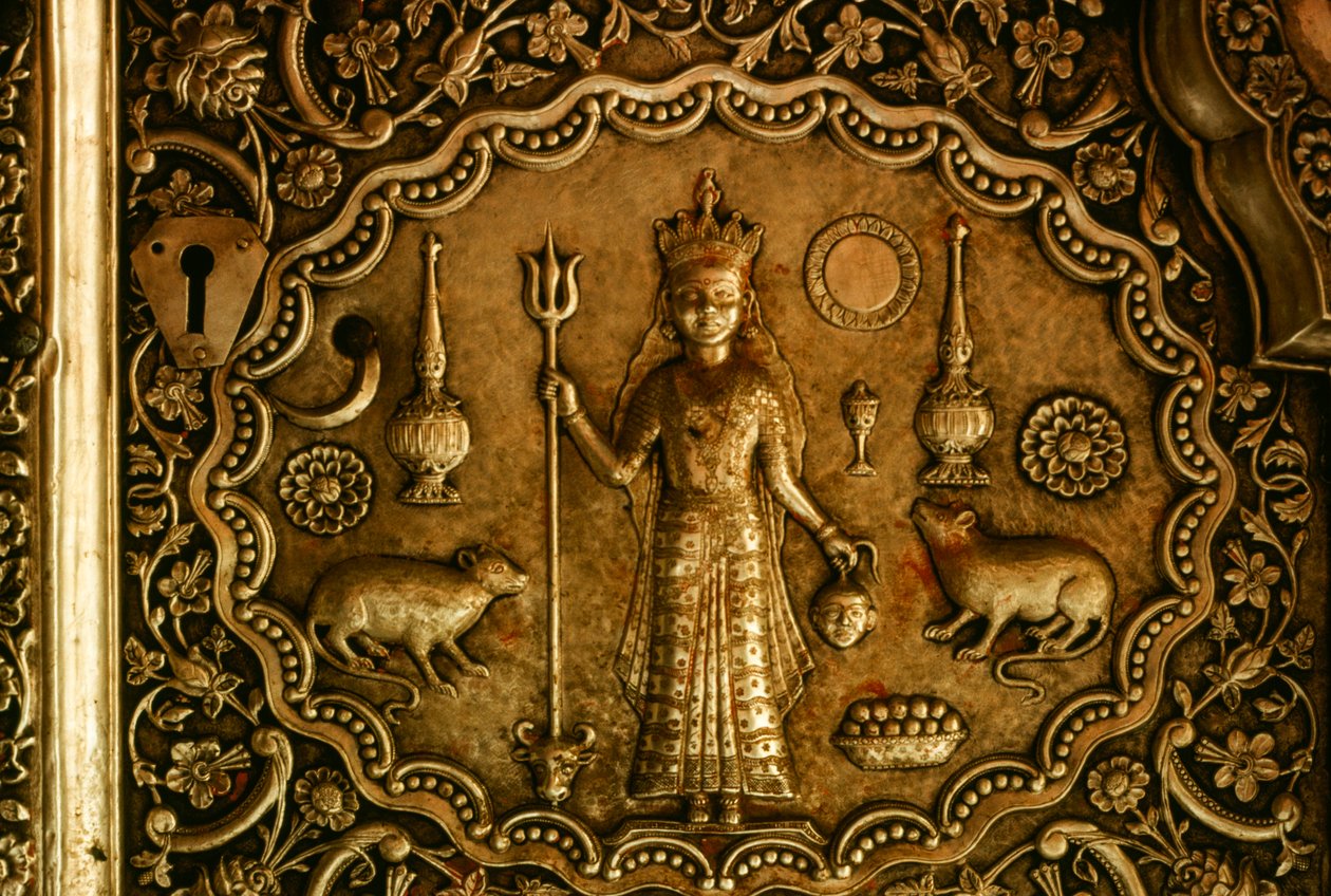 Des rats sculptés flanquent la déesse Bhagwati Karniji sur une porte en argent. Deshnoke, Raj... - James L Stanfield