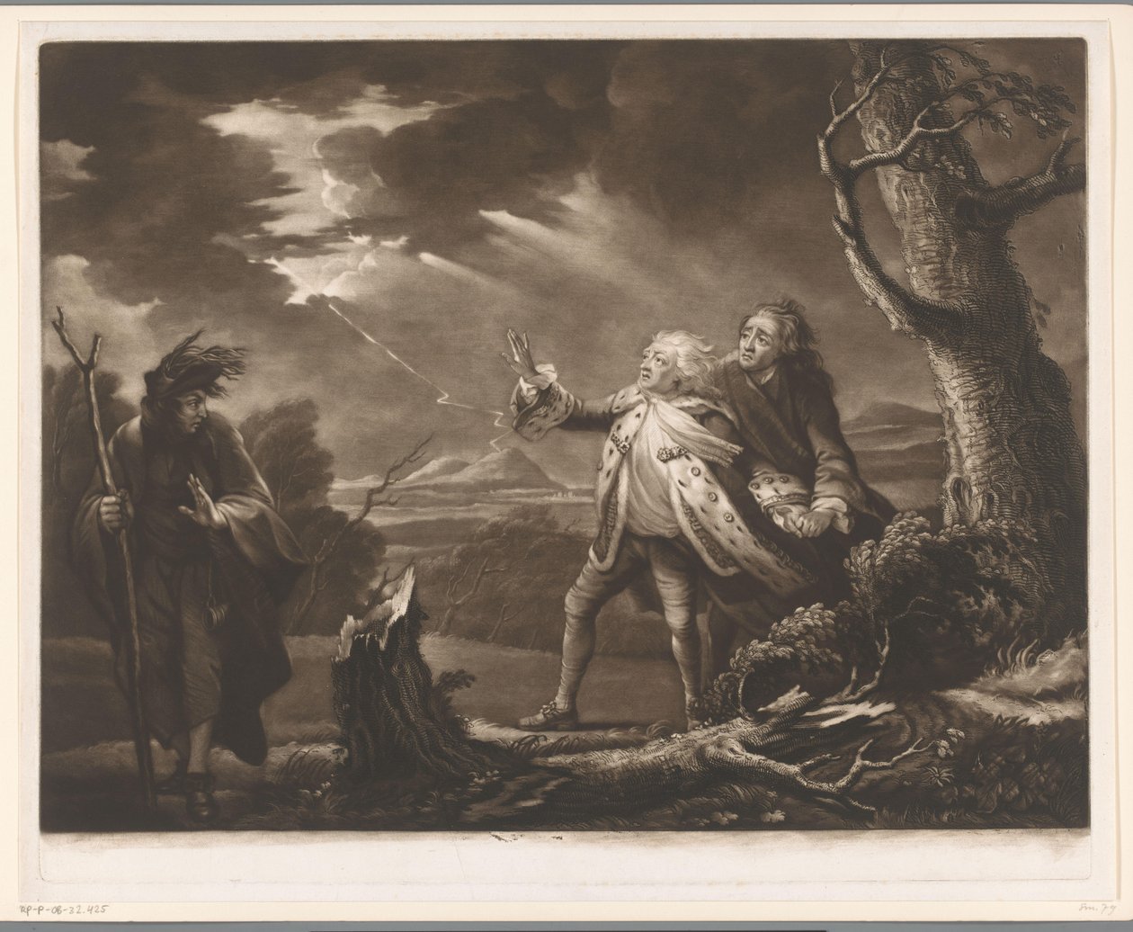 David Garrick en roi Lear avec le comte de Kent et Edgar déguisé en Tom dans un paysage orageux - James McArdell