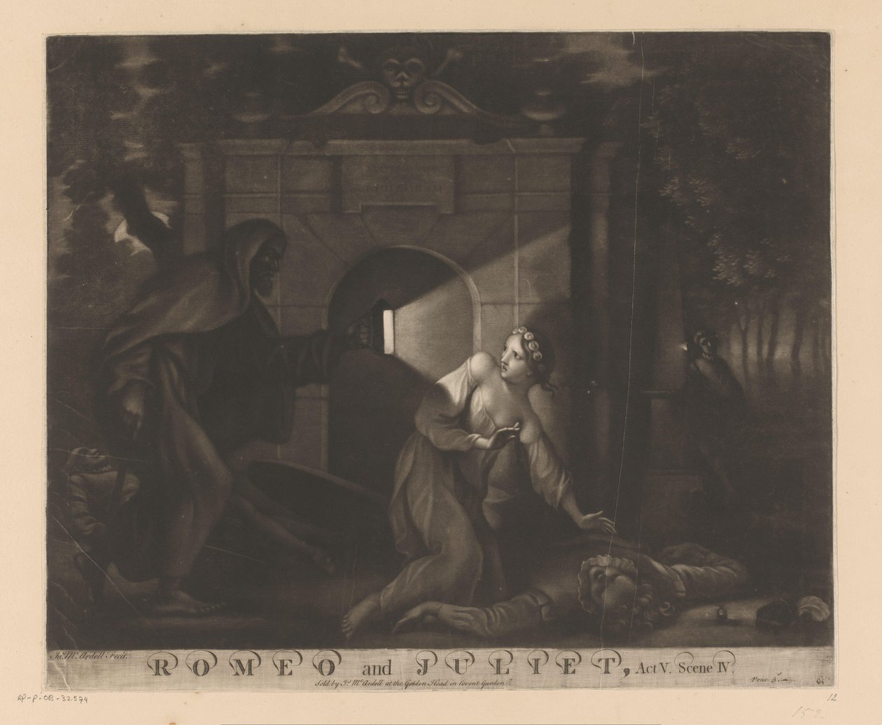 Juliette agenouillée près du corps de Roméo regardant un moine avec une lanterne (Romeo and Juliet, Act V. Scene IV.) - James McArdell