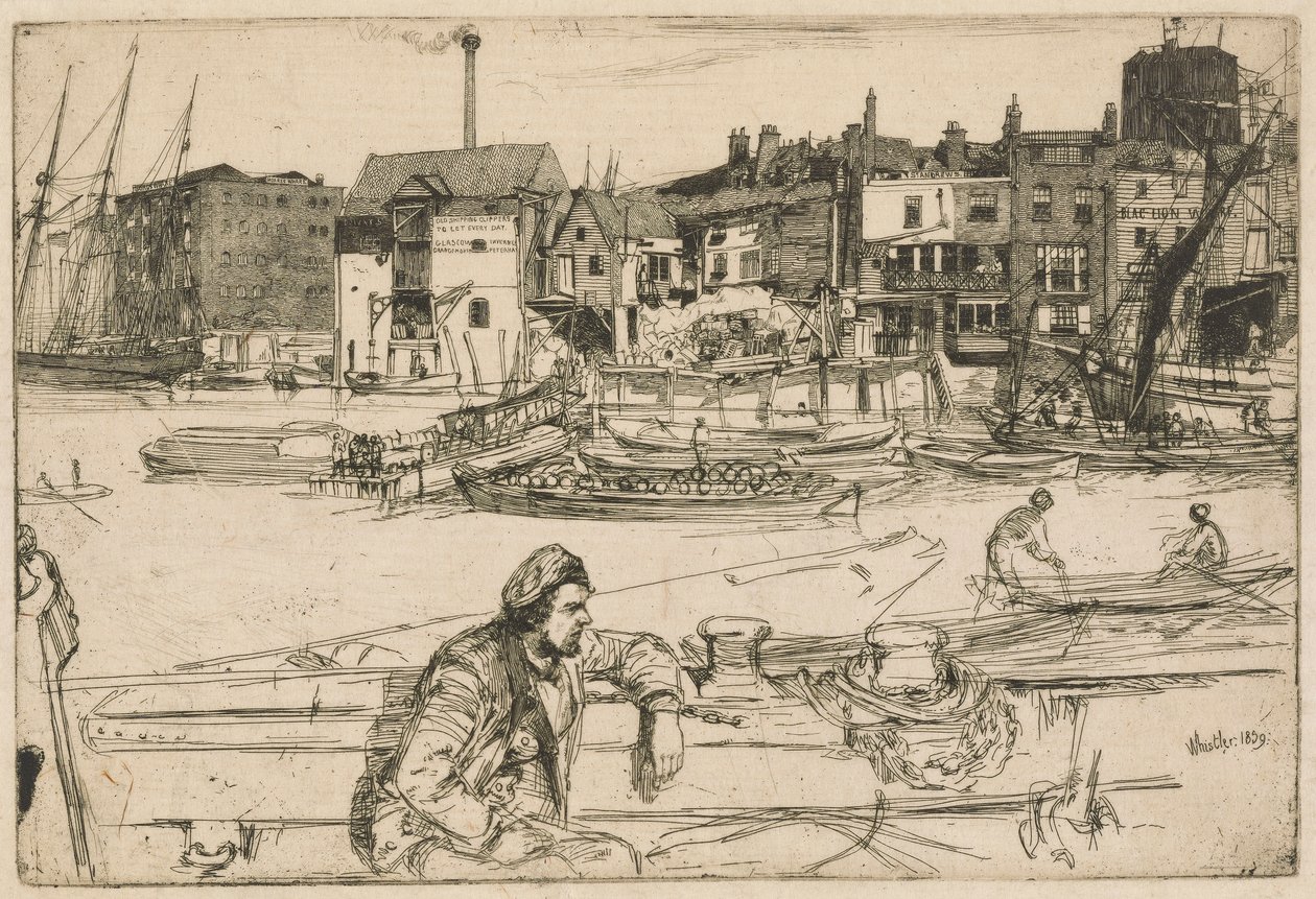 Black Lion Wharf, de la série Thames Set (Une série de seize gravures de scènes sur la Tamise et autres sujets) - James Abbott McNeill Whistler