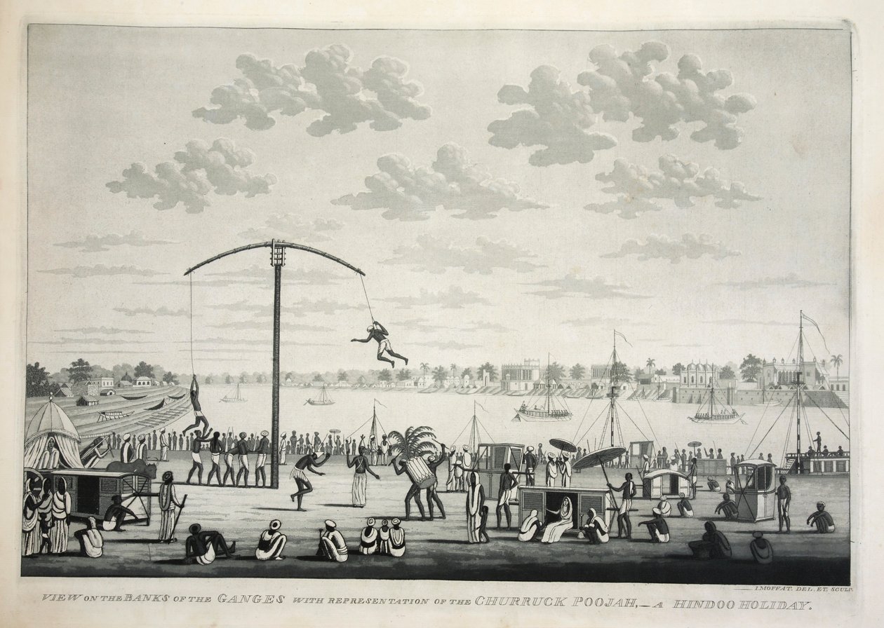 Vue sur les rives du Gange avec représentation du Churruck Poojah - James Moffat
