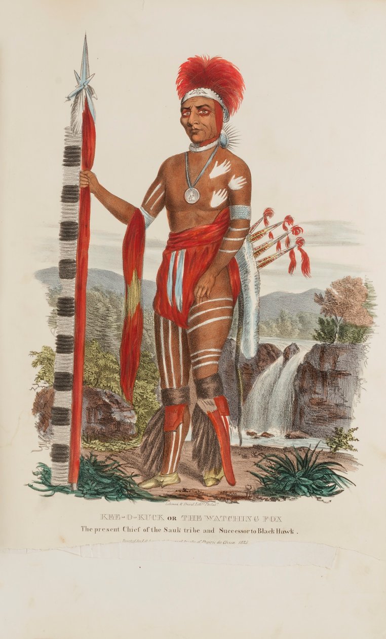 KEE-O-KUCK ou Le renard qui regarde ; Le chef actuel de la tribu Sauli et le successeur de Black Hawk, tiré du Portefeuille autochtone - James Otto Lewis