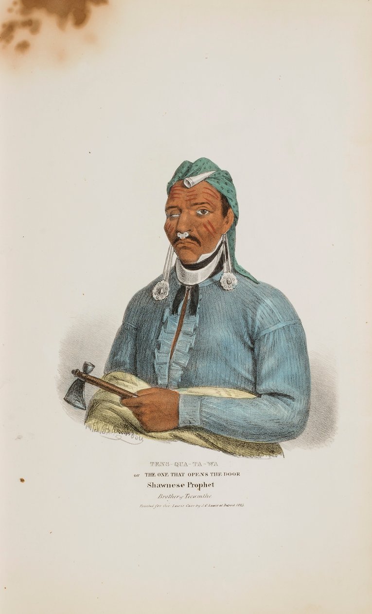 TENS-QUA-TA-WA ou Celui qui ouvre la porte ; prophète Shawnese (frère de Tecumthe), tiré du Portefeuille autochtone - James Otto Lewis
